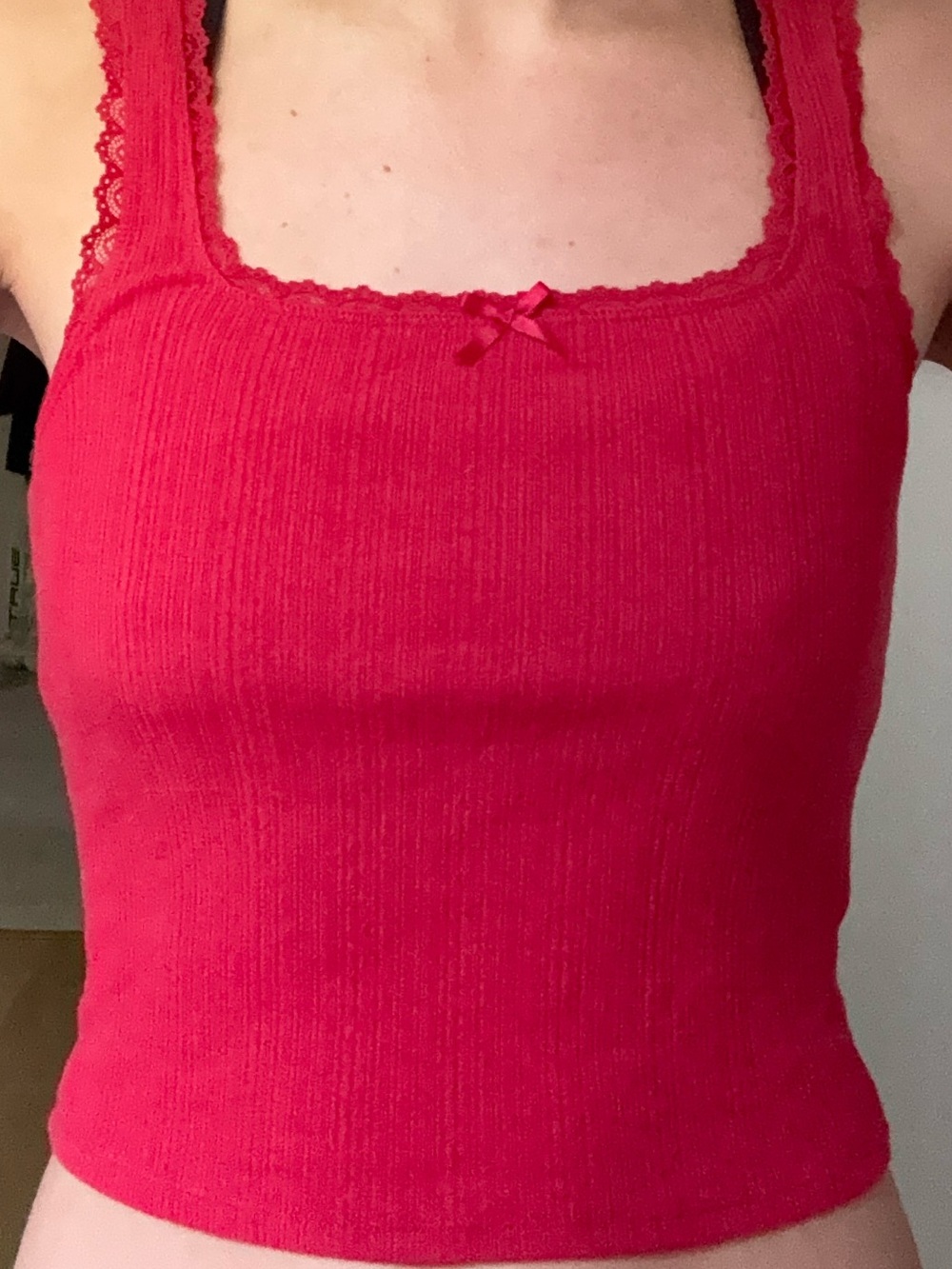 Bright Red Lace-Trim Ribbed Tank Top
